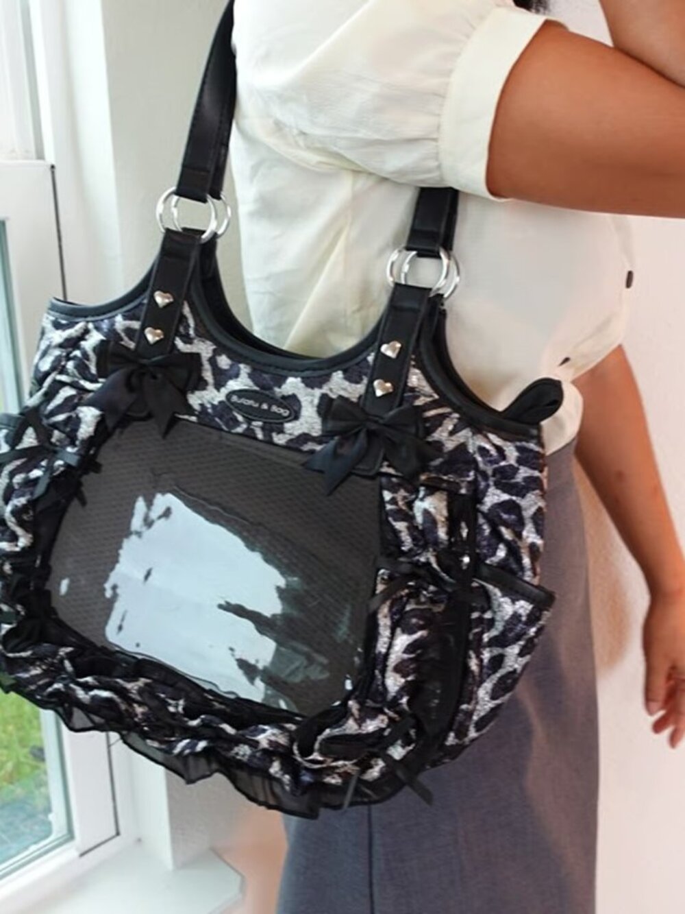Black Grey Leopard Ita Bag Y2K Kawaii Anime Crossbody Shoulder Pin Tote ItaBag